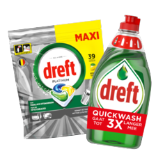Dreft afwasmiddel 2 flessen à 350-520 ml
of vaatwascapsules zakken à 19-40 stuks